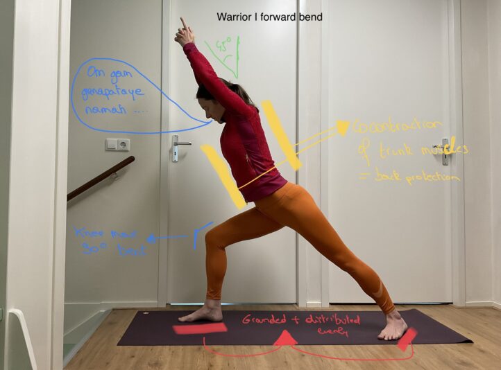 Warrior 1 Forward bend, fire hands